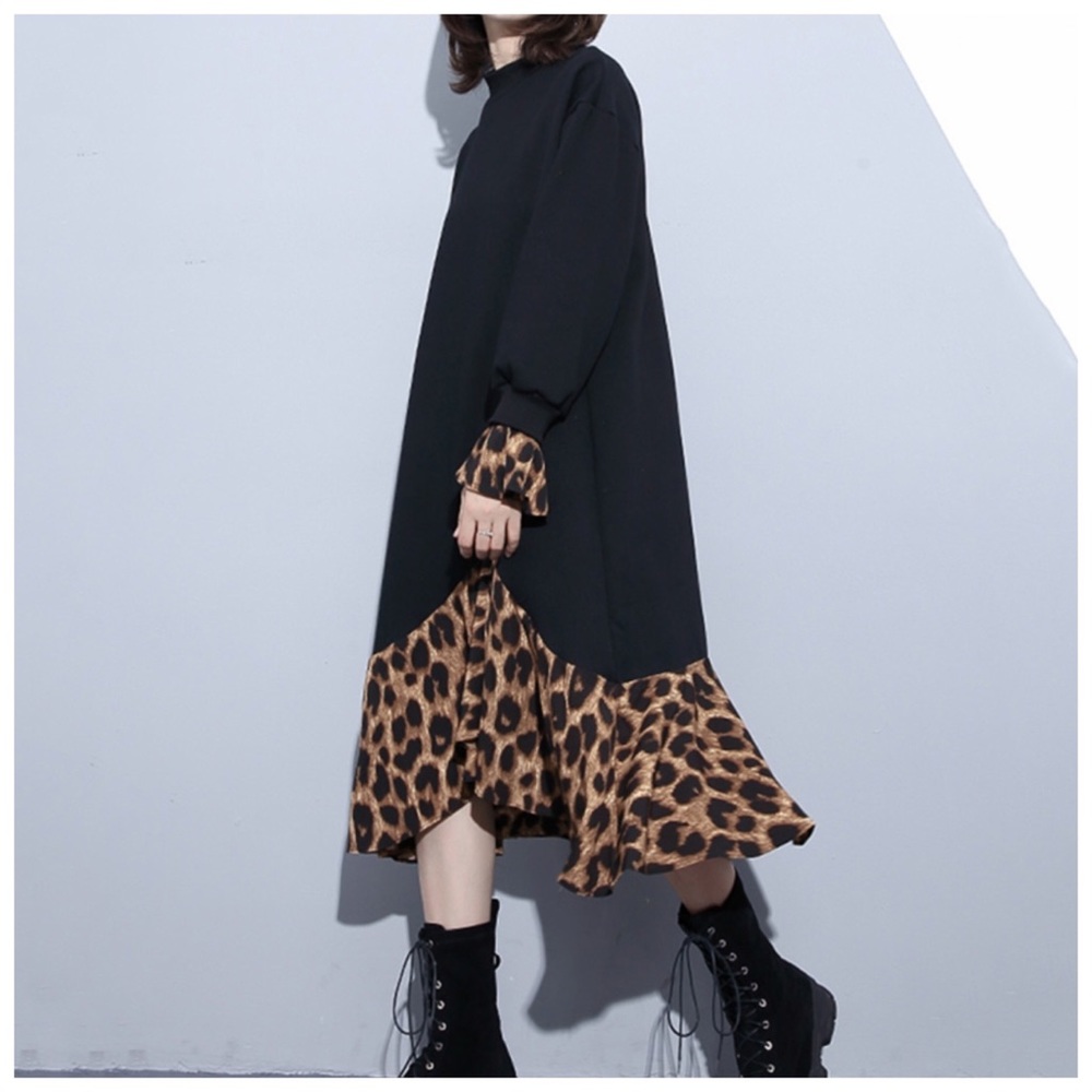 Black Leopard Ruffle Oversize Dress C67 - Picture 3 of 6